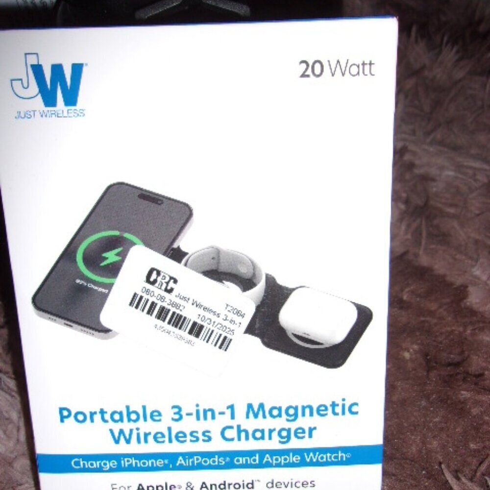 Just Wireless -  3-in-1 Portable Magnetic Wireless Charger Black New